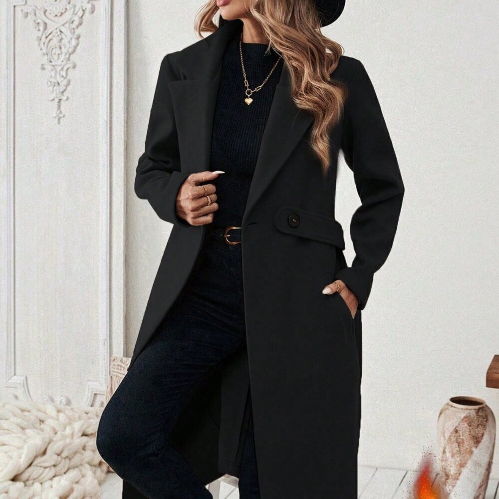 Black Casual Women's Flat Collar Pocket Belted Long Sleeve Coat Jacket